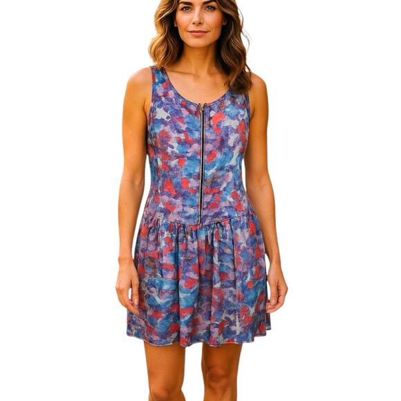 Theory Silk Watercolor Mini Dress Women's Size 0 Blue Sleeveless Side Pockets - Picture 3 of 16